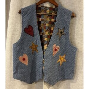Vintage 90s Denim Patchwork Novelty Vest‎ Reversible Kitten Cottagecore